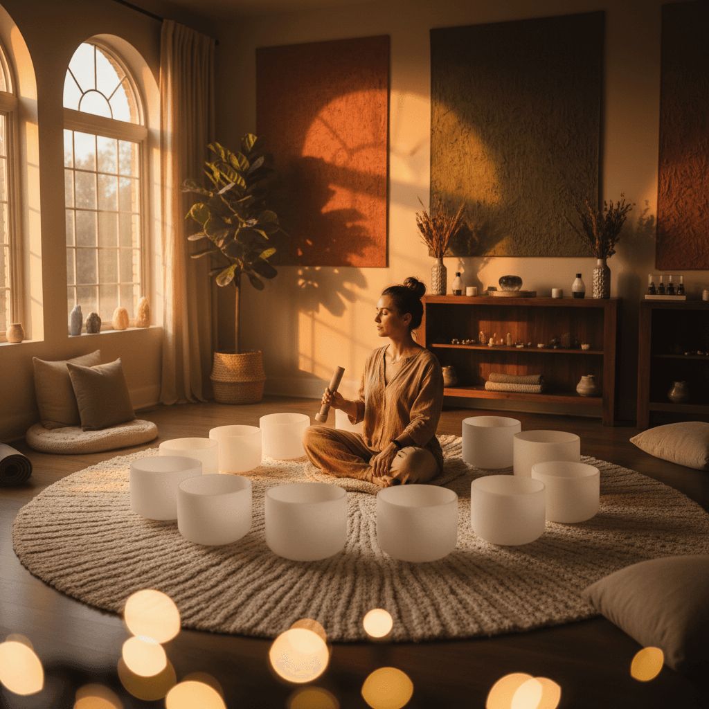 A man playing a didgeridoo in a serene, modern wellness setting, evoking relaxation and connection, highlighting Soul Art Dubai's unique approach to sound wellness by Larissa Steinbach.