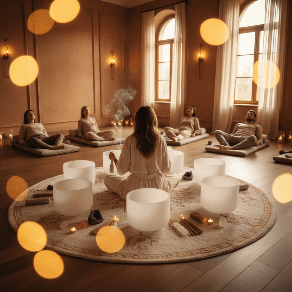 امرأة تستمع إلى سماعات رأس عالية الجودة في بيئة هادئة، بينما تظهر واجهة محطة عمل صوتية رقمية (DAW) في الخلفية. هذا يمثل منهج سول آرت في دبي الذي ترأسه لاريسا ستاينباخ في استخدام التكنولوجيا الرقمية للشفاء الصوتي والرفاهية.