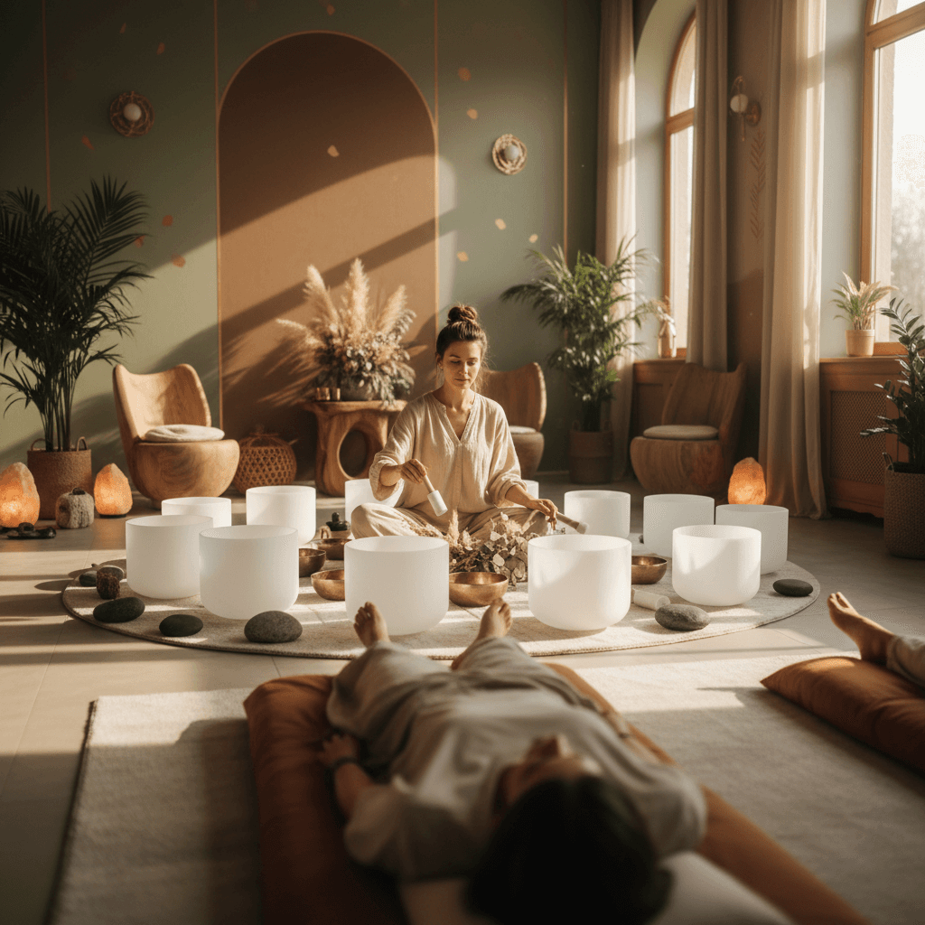 Founder Larissa Steinbach arranging crystal singing bowls for a sound bath at Soul Art Dubai, illustrating a digital detox ritual.