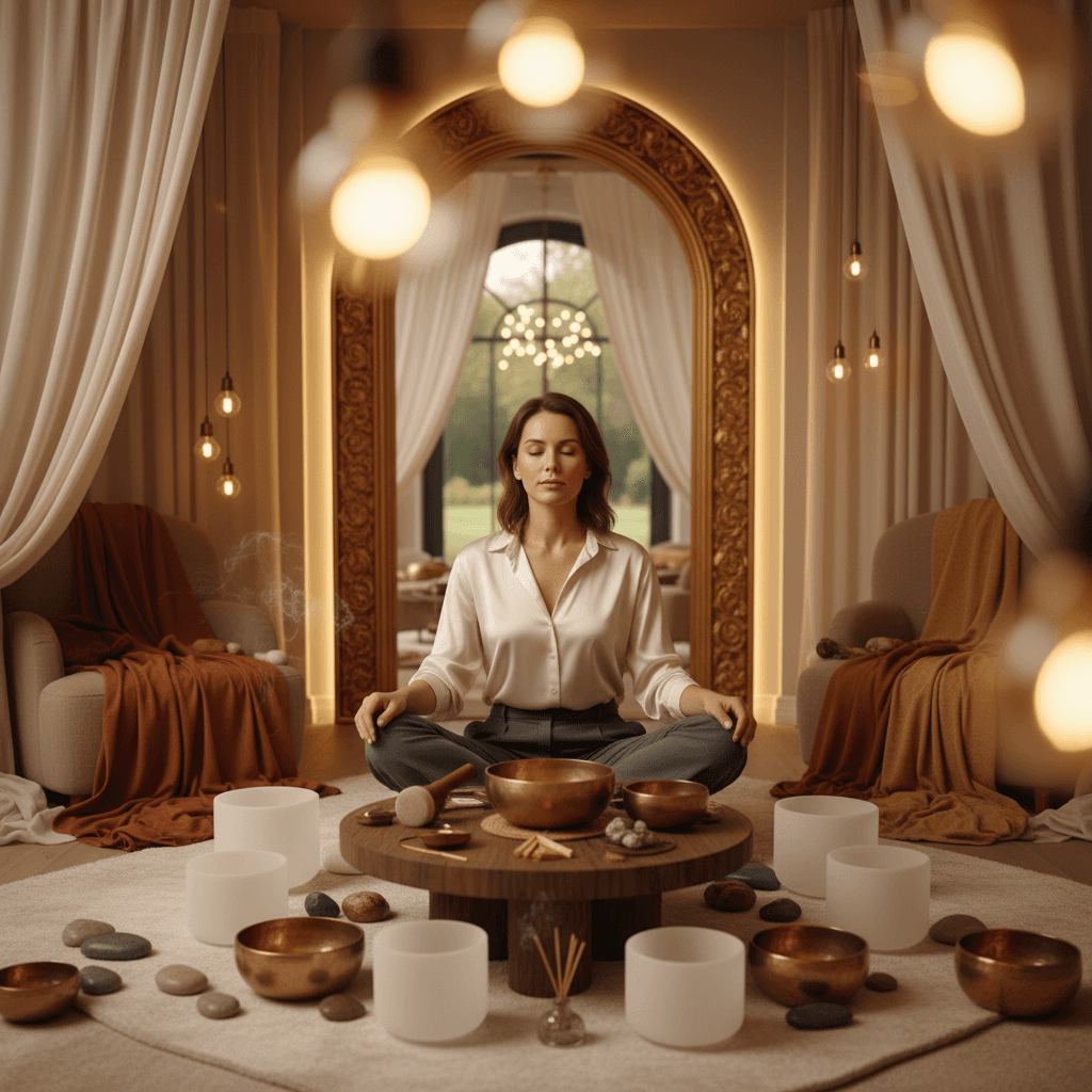 A tranquil sound wellness studio at Soul Art Dubai, featuring crystal singing bowls and ambient lighting, reflecting the serene environment curated by Larissa Steinbach for digital detox.