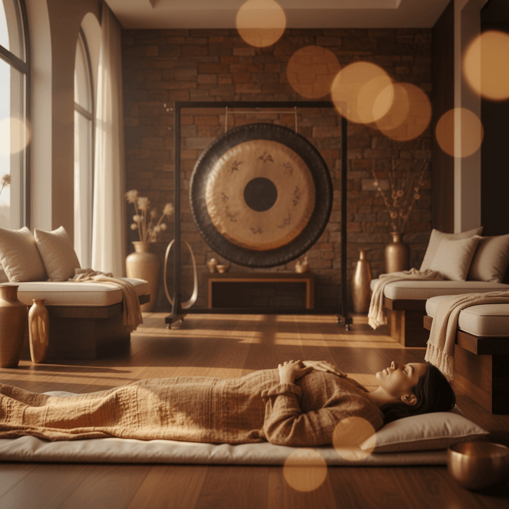 Eine Person entspannt während eines Digital Detox Klangbads im Soul Art Studio von Larissa Steinbach, um sensorisch zu resetten und digitale Überstimulation abzubauen.