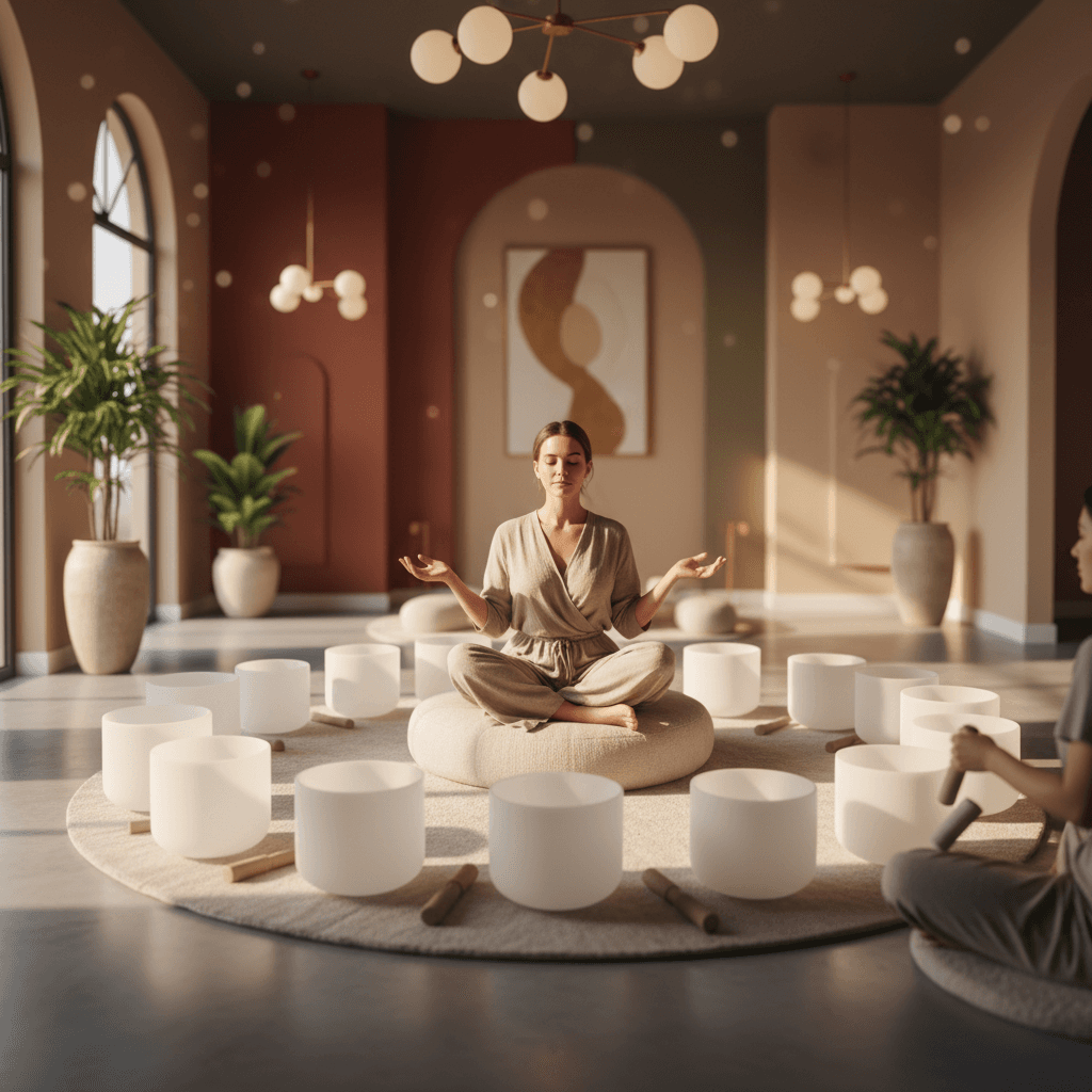 Eine Klangschale im sanften Licht, symbolisiert Klangheilung und Ruhe. Soul Art Dubai, Larissa Steinbach, bietet Dinacharya-inspirierte Wellness-Rituale.