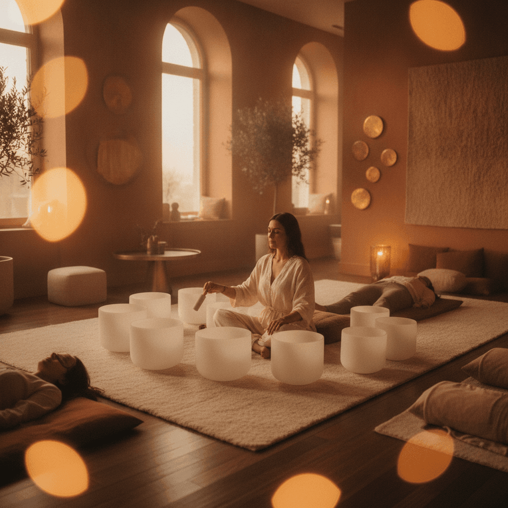 Eine elegante Darstellung einer diskreten Klang-Wellness-Sitzung bei Soul Art Dubai, mit Larissa Steinbach im Hintergrund, fokussiert auf Privatsphäre und tiefe Entspannung für öffentliche Persönlichkeiten.