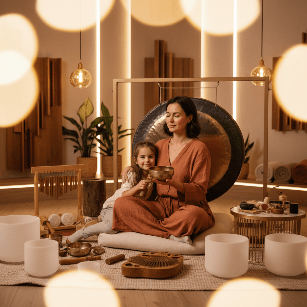A tranquil scene of a child meditating with sound bowls, representing the supportive atmosphere of Soul Art Dubai and Larissa Steinbach's approach to holistic wellness.