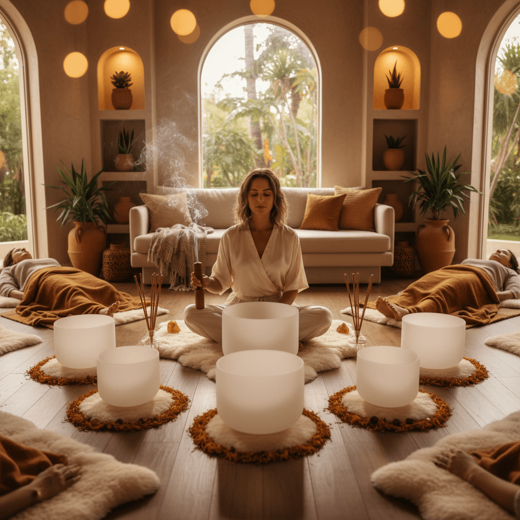 Diwali Sound: Eine Klangheilungssession bei Soul Art in Dubai, geleitet von Larissa Steinbach, mit harmonischen Klangschalen und Lichtern in warmen Farben, die Ruhe und Erneuerung symbolisieren.