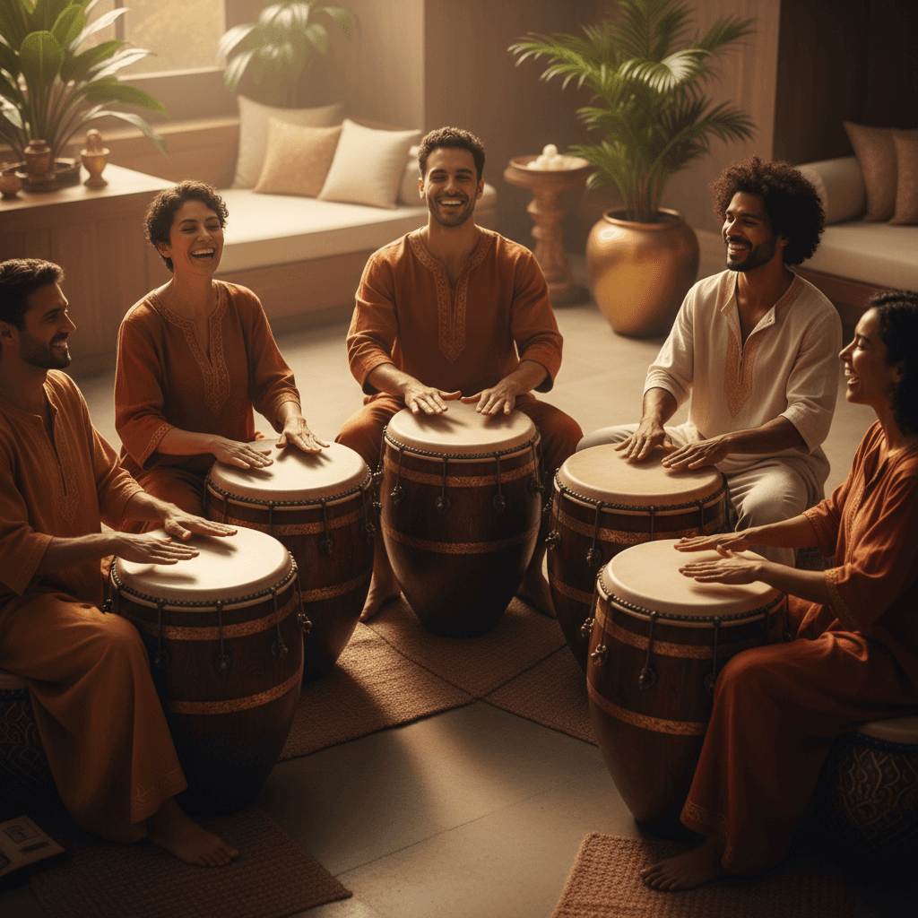 Soul Art Djembe Healing Circle led by Larissa Steinbach, showing diverse participants drumming in unison for holistic wellness and stress relief in Dubai.