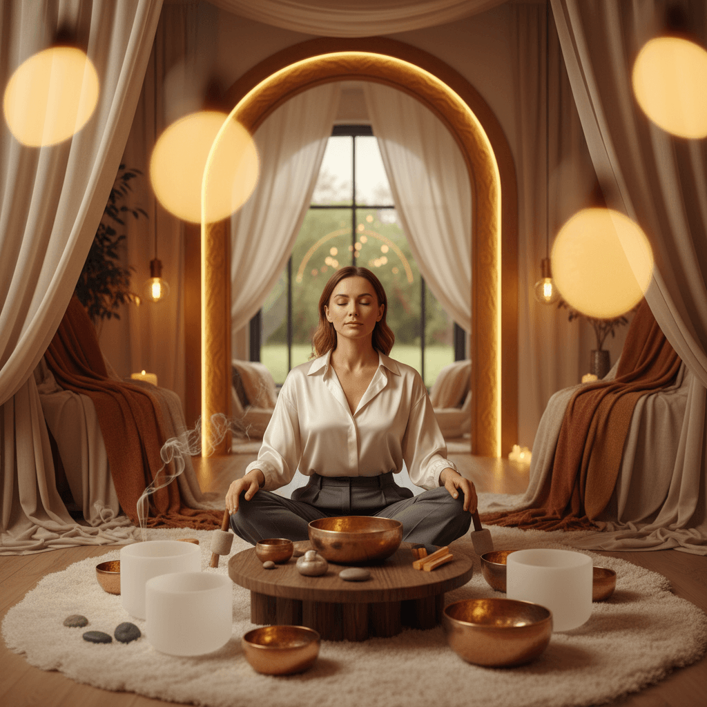 Larissa Steinbach, founder of Soul Art, demonstrates sound therapy using crystal singing bowls to calm an anxious dog in a serene, luxurious Dubai studio. The image highlights holistic pet wellness.
