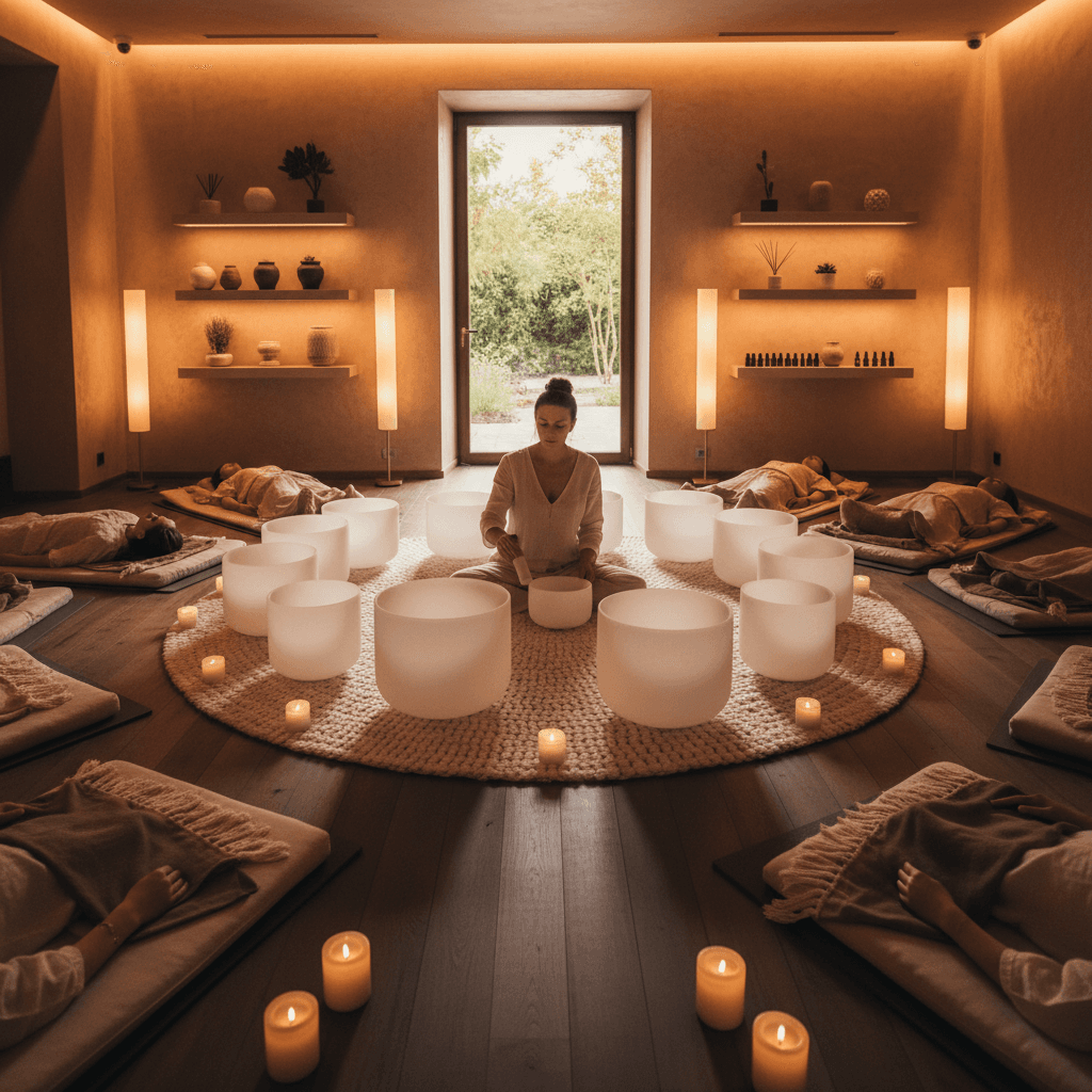 Larissa Steinbach leitet eine Klangheilungssitzung bei Soul Art Dubai, um Dopamin-Mangel durch Klang-Wellness und Entspannung entgegenzuwirken. Eine Person liegt entspannt auf einer Matte, umgeben von Klangschalen und sanftem Licht.