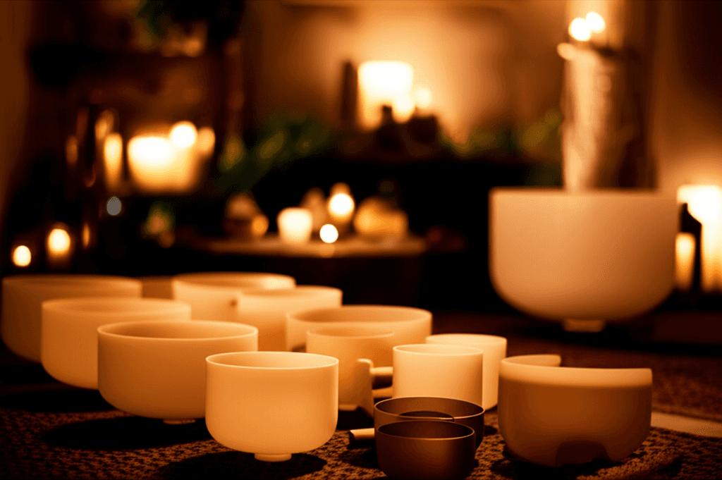 A serene image of a sound bath with crystal singing bowls and gongs, suggesting deep relaxation and neurological benefits. Experience sound wellness at Soul Art Dubai with Larissa Steinbach.