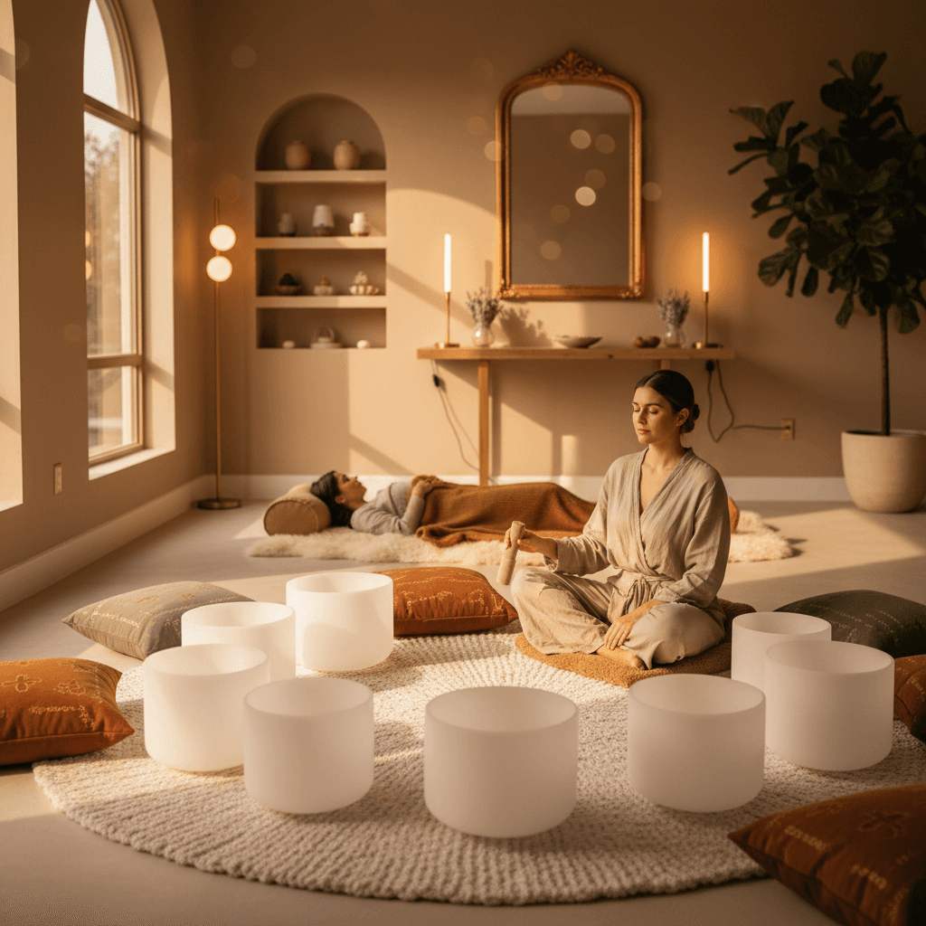 Eine Person mit Down-Syndrom interagiert mit Klangschalen in einem beruhigenden Wellness-Studio, symbolisch für die unterstützenden Klang-Wellness-Sitzungen bei Soul Art Dubai mit Larissa Steinbach.