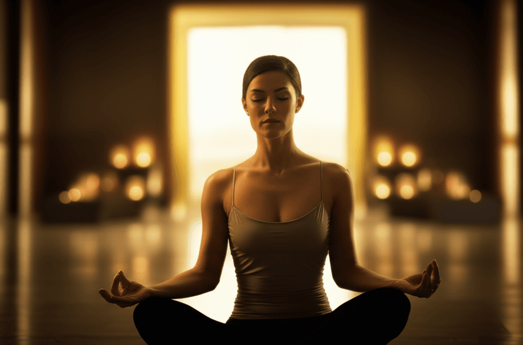 Eine Person schwebt friedlich in einem wirbelnden Licht und symbolisiert tiefen Schlaf und Traumrückerinnerung, eingebettet in das ruhige Ambiente von Soul Art Dubai unter der Leitung von Larissa Steinbach.