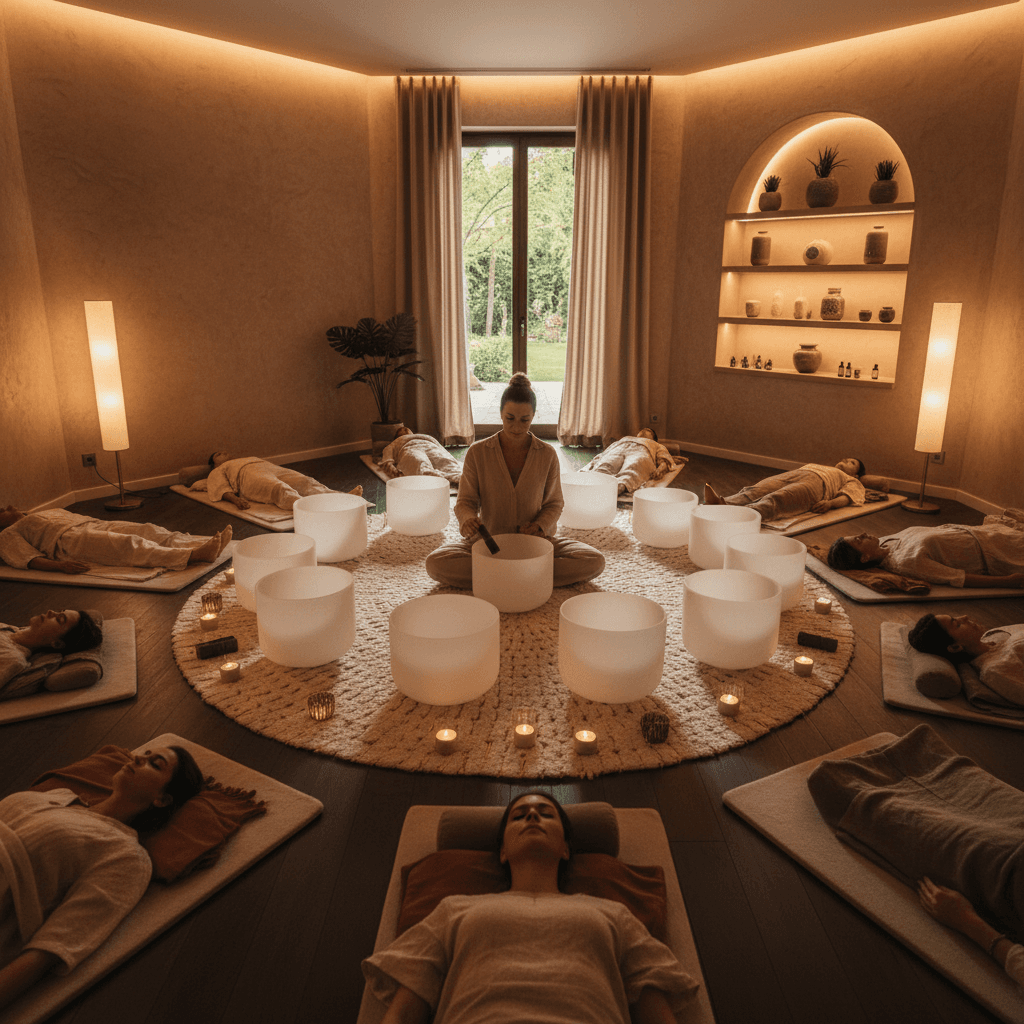 Larissa Steinbach guiding a sound healing session at Soul Art Dubai, connecting ancient Dreamtime principles with modern sound wellness practices, featuring abstract patterns reminiscent of Aboriginal art.