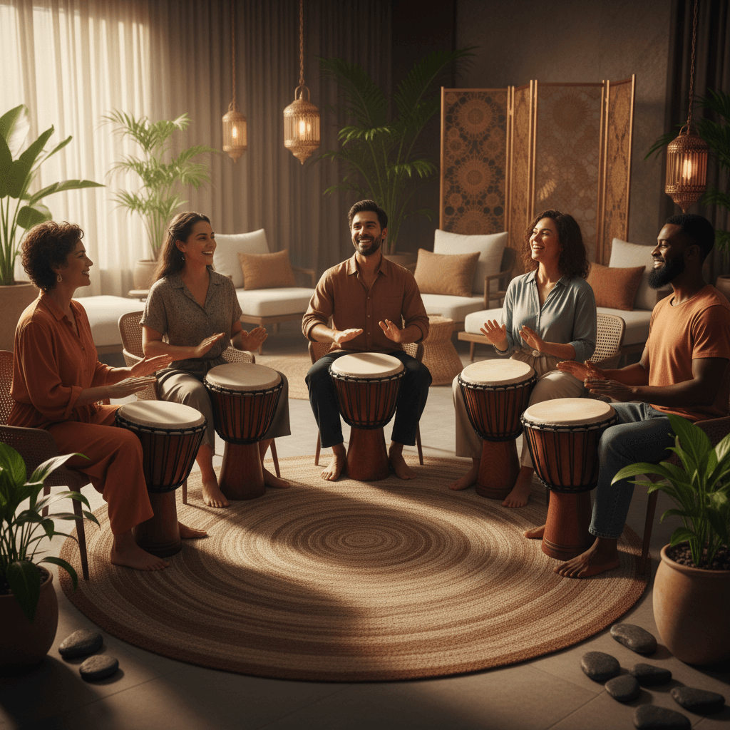 Diverse group of people smiling and drumming together in a vibrant, sunlit drum circle, symbolizing unity and joy.