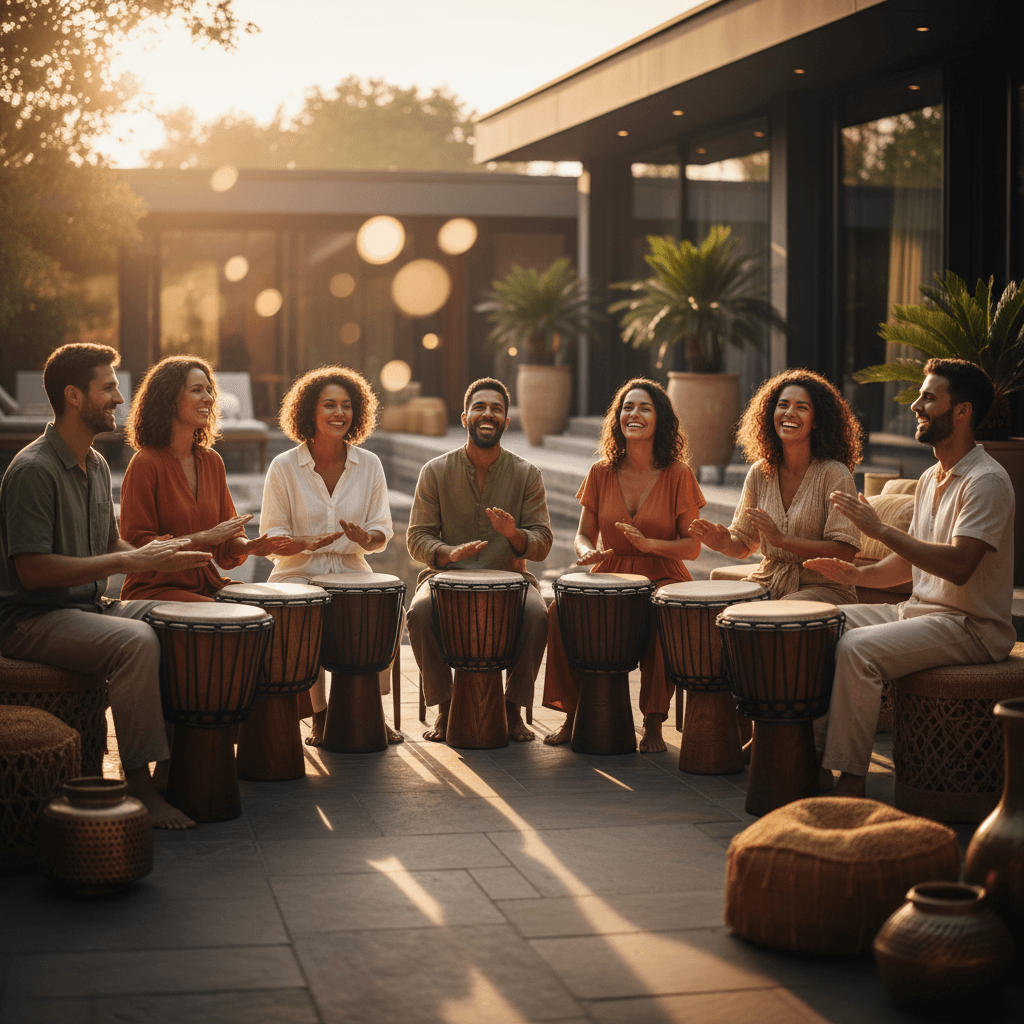 Diverse group of people smiling and drumming together in a well-lit studio, symbolizing community and unity in a drumming circle at Soul Art Dubai.