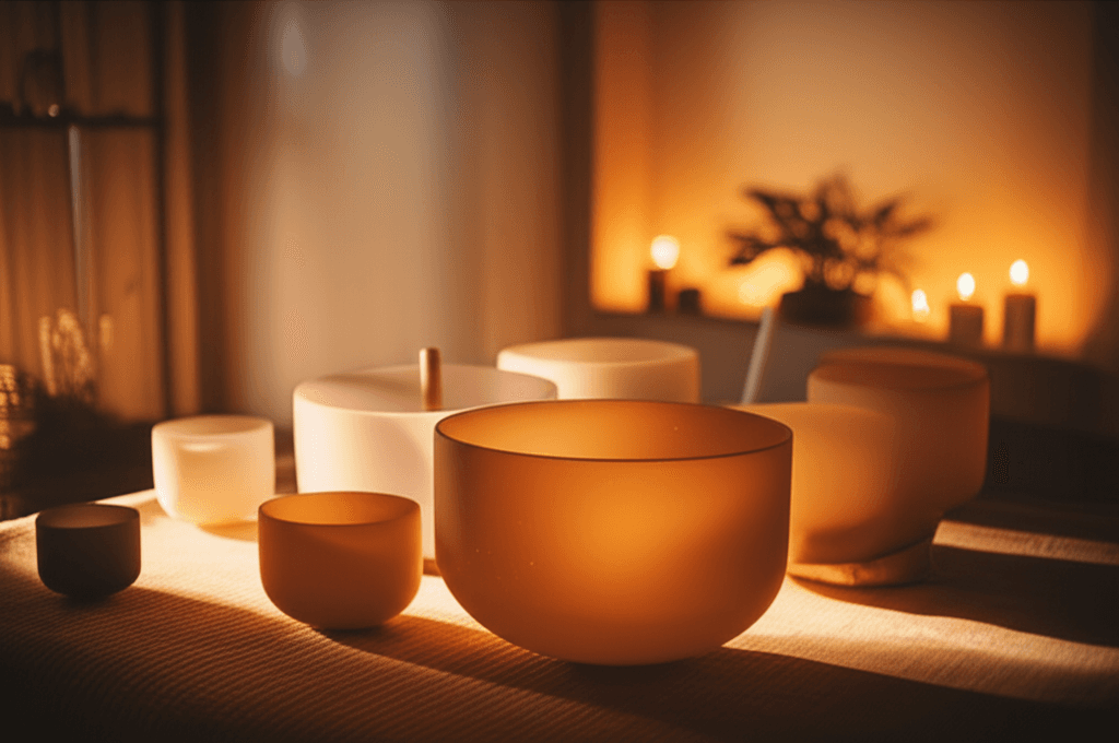 A serene studio setting with crystal singing bowls, representing Soul Art's unique approach to sound wellness for dual diagnosis support by Larissa Steinbach.