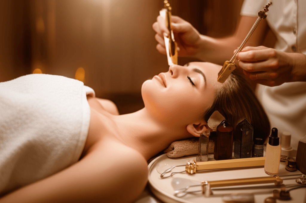 Larissa Steinbach von Soul Art, Dubai, leitet eine luxuriöse Klangheilungssitzung in einem eleganten Wellness-Studio, um die Schönheitstrends in Dubai zu definieren und tiefe Entspannung zu fördern.