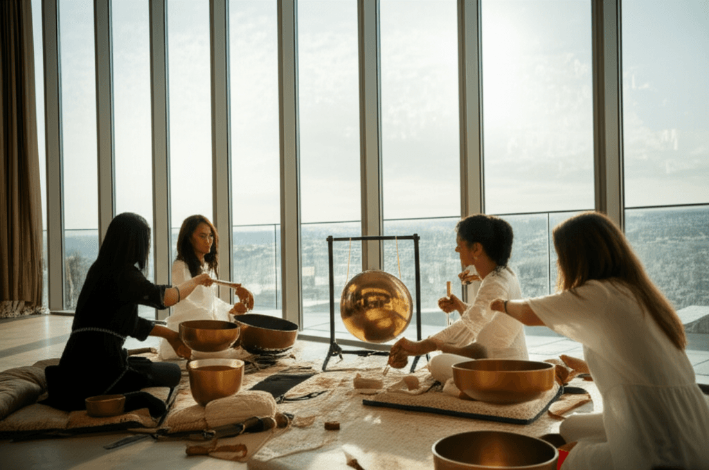 Larissa Steinbach von Soul Art Dubai leitet eine Klang-Wellness-Sitzung für gestresste Führungskräfte in der schnelllebigen Unternehmenskultur Dubais.