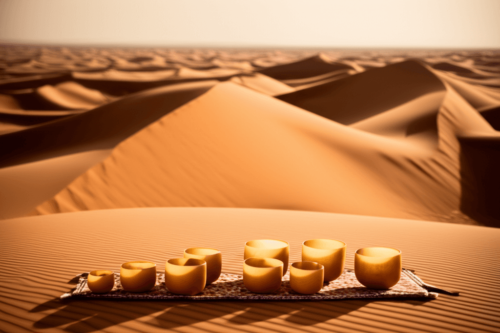 Eine ruhige Klangschale mit Wasser reflektiert das Sonnenlicht, symbolisiert Ruhe in der Hitze. Soul Art und Larissa Steinbach bieten einzigartige Klang-Wellness-Erlebnisse in Dubai.