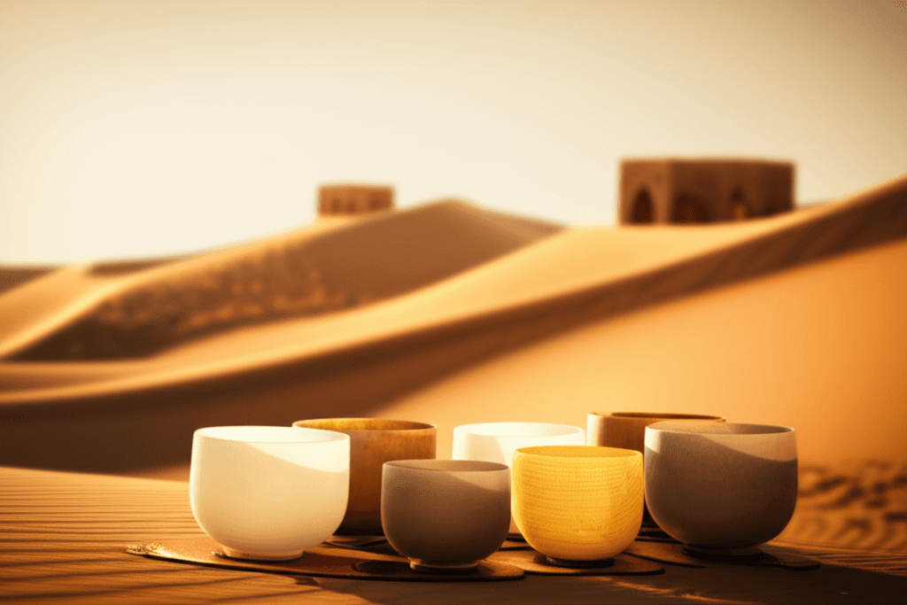 A tranquil sound healing session with various singing bowls and gongs at Soul Art by Larissa Steinbach, depicting an urban retreat in Dubai Marina for deep relaxation.