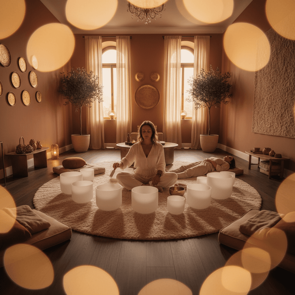 A person lying on a natural surface, perhaps grass or sand, with sound bowls nearby, symbolizing Earth Connection and Grounding Through Sound for wellness, a core practice at Soul Art Dubai by Larissa Steinbach.