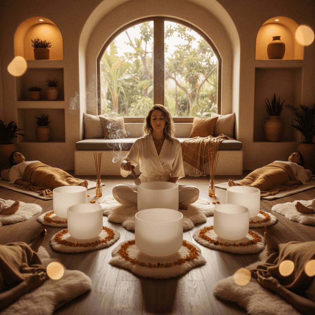 Eine Person entspannt sich in einem Klangbad, umgeben von Klangschalen und Gongs. Das Bild symbolisiert Frühlingserneuerung und Wohlbefinden durch Sound Healing bei Soul Art Dubai mit Gründerin Larissa Steinbach.