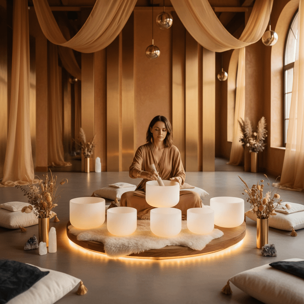 Eine Frau sitzt entspannt auf dem Boden, umgeben von Klangschalen, ihre Augen geschlossen in tiefer Meditation. Im Hintergrund deuten sanfte Farben und beruhigendes Licht auf die Atmosphäre von Soul Art hin. Die Szene vermittelt Ruhe und Heilung, im Einklang mit der Vision von Larissa Steinbach f...