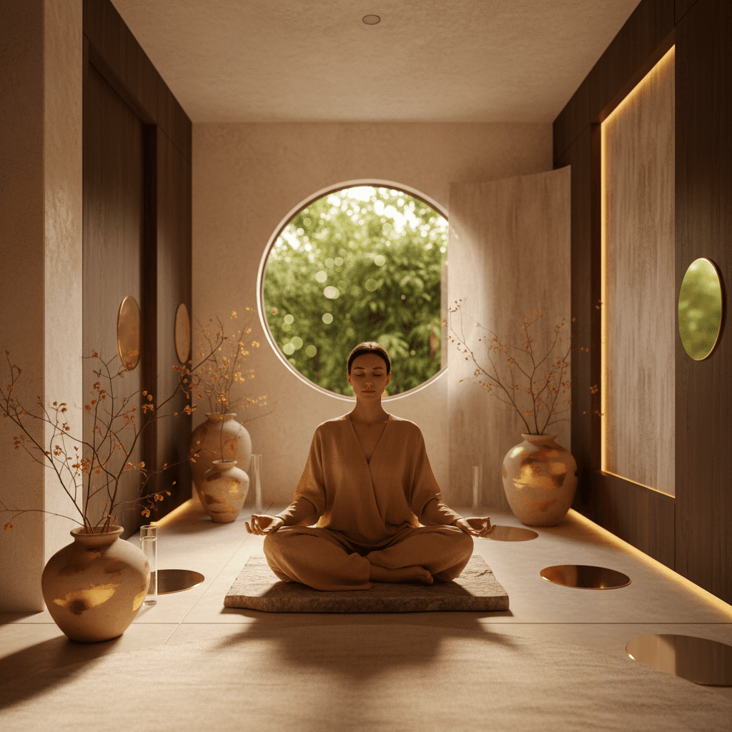 A person meditating with an EEG headband on, surrounded by subtle sound waves and a calming glow, representing Soul Art's brainwave sound feedback experience led by Larissa Steinbach.