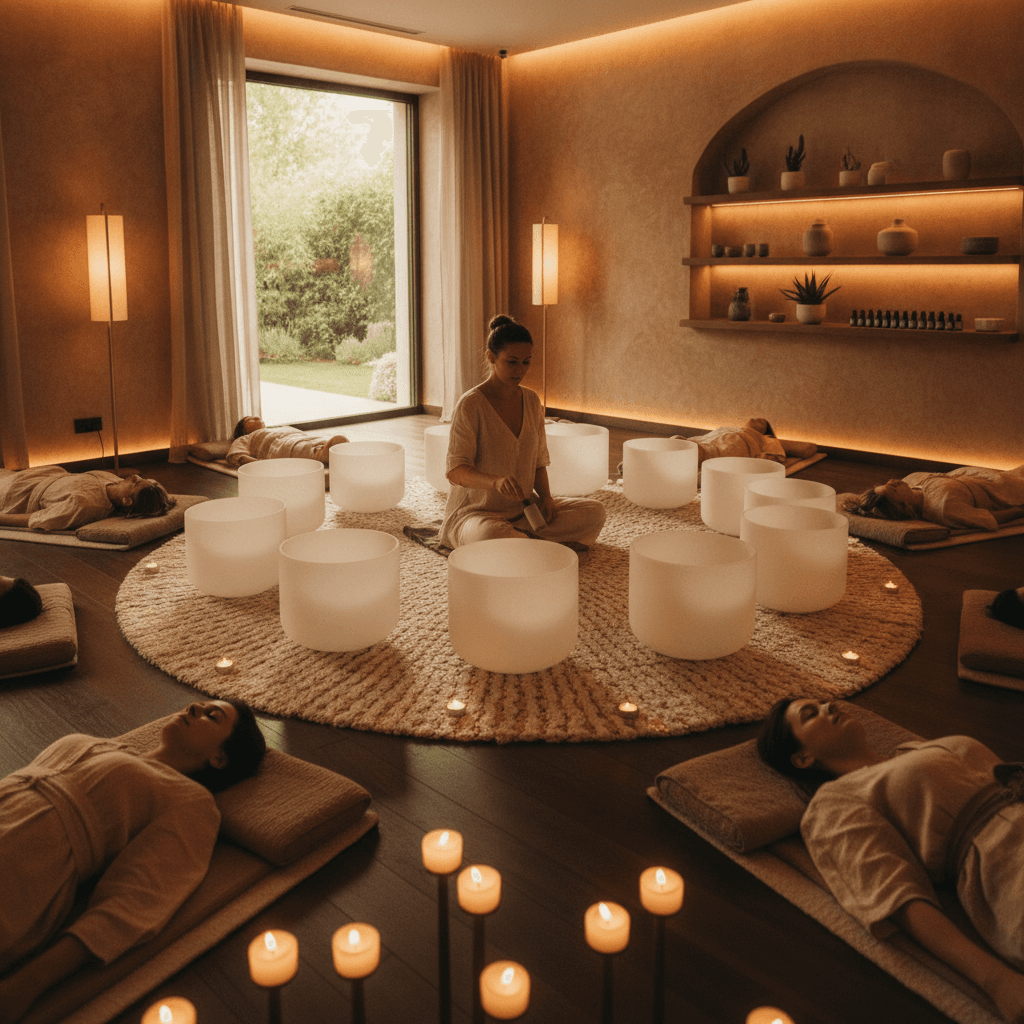 A tranquil scene with a singing bowl, symbolizing the gentle sound rituals offered at Soul Art Dubai by Larissa Steinbach, perfect for Eid reflection and holistic wellness.
