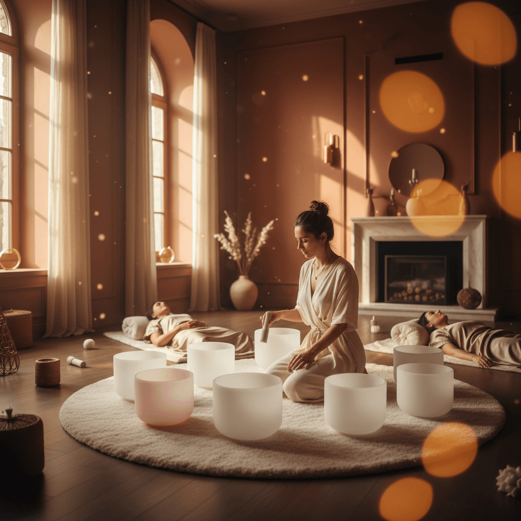 A tranquil scene of a family celebrating Eid with lanterns and soft lights, embodying peace and togetherness. Soul Art and Larissa Steinbach promote holistic Islamic holiday wellness through sound.