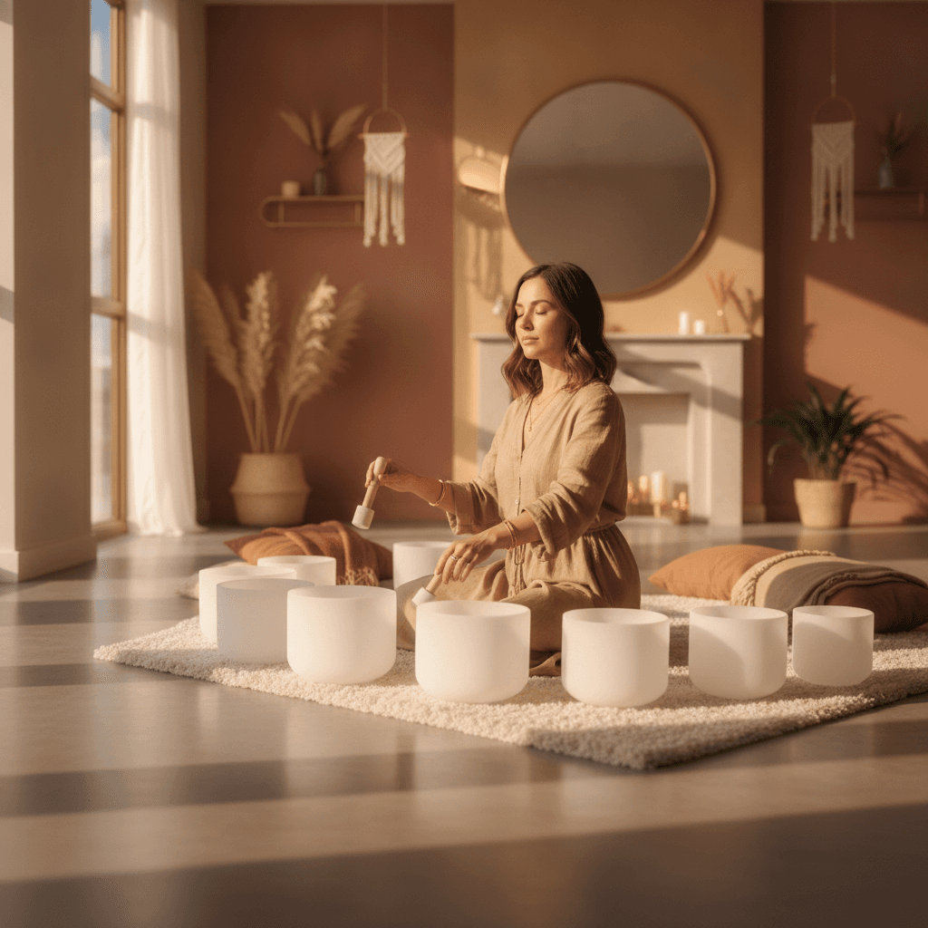 Larissa Steinbach guiding a gentle sound ritual at Soul Art Dubai, featuring crystal singing bowls and gongs for deep rest and Eid wellness.