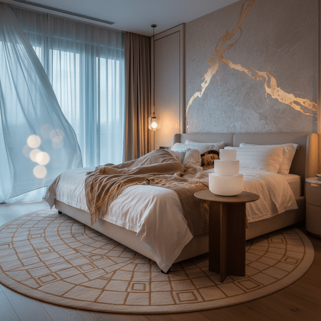 A senior woman peacefully resting, gently illuminated, symbolizing serene elderly sleep improvement through Soul Art's sound wellness led by Larissa Steinbach.