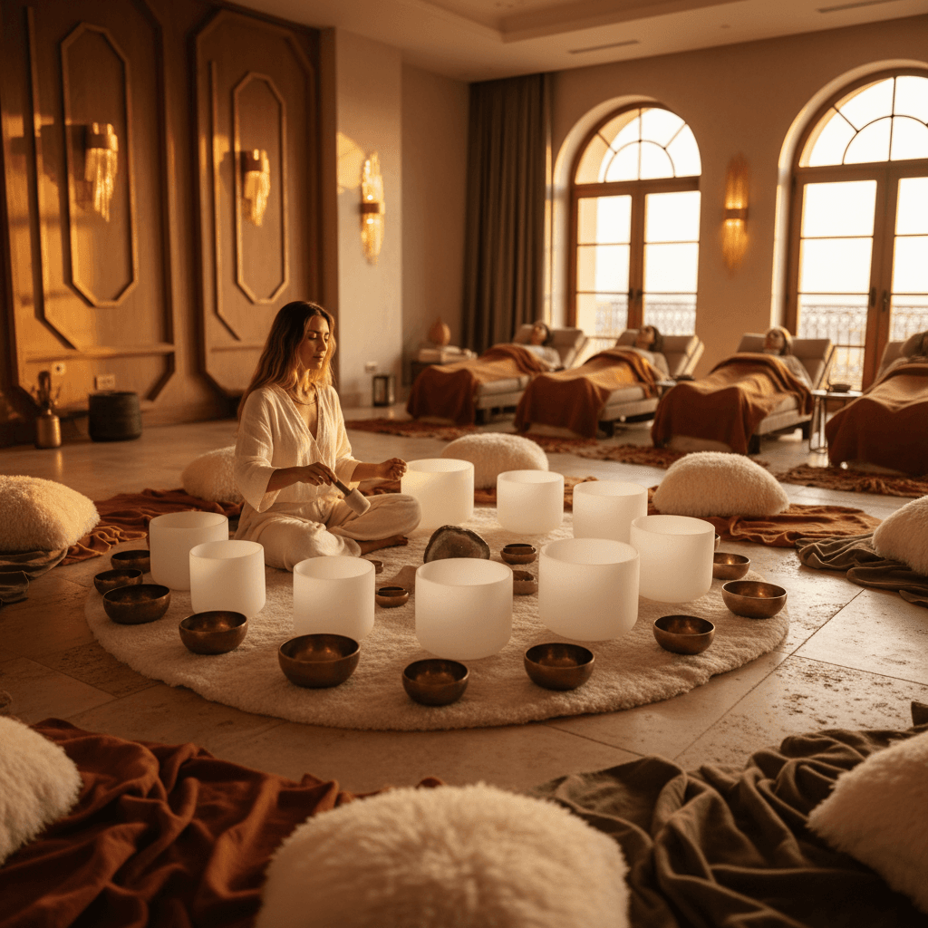 A person meditating in a sound bath surrounded by glowing singing bowls, representing emotional agility and psychological flexibility through Soul Art by Larissa Steinbach.