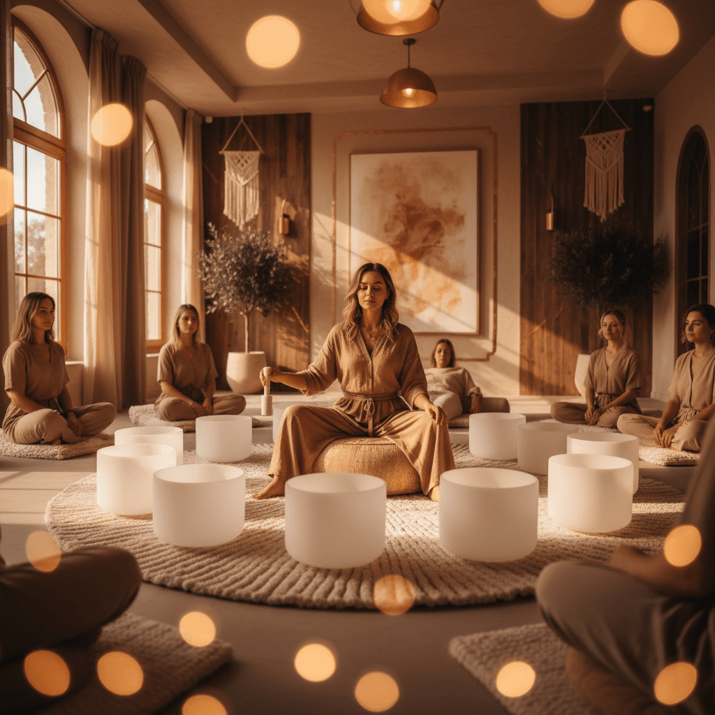 A woman in a peaceful meditation pose, surrounded by ethereal light and subtle sound waves, representing the journey of self-discovery through sound wellness at Soul Art by Larissa Steinbach.