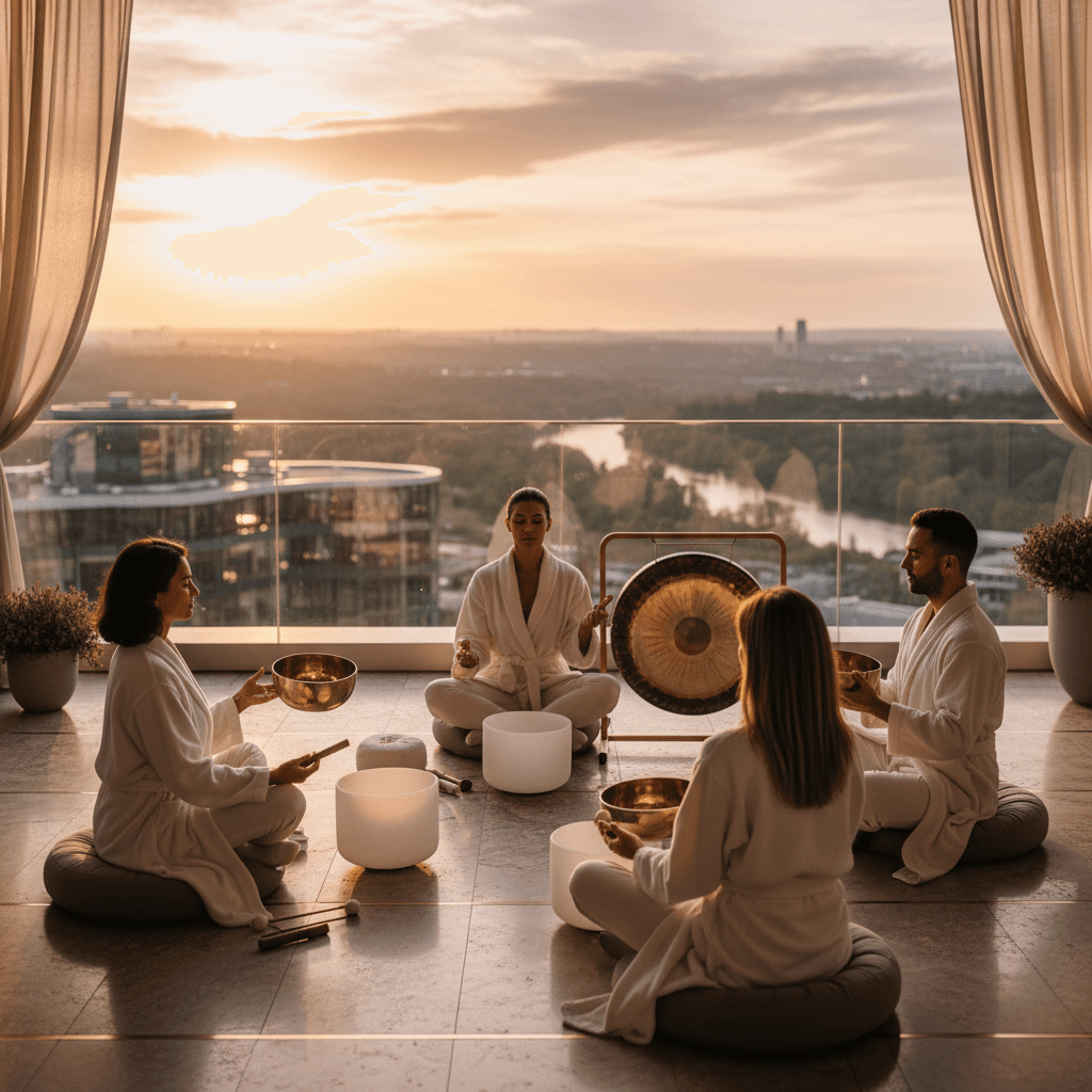 Larissa Steinbach von Soul Art Dubai leitet eine Klang-Wellness-Sitzung, die emotionale Intelligenz und Führungskompetenzen stärkt. Eine Gruppe von Führungskräften entspannt sich um Klangschalen.
