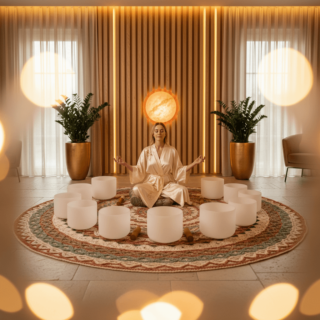 Eine ruhige Szene bei Soul Art Dubai mit Larissa Steinbach, die Klangschalen für eine beruhigende Klang-Wellness-Sitzung einsetzt, um emotionale Überforderung zu reduzieren und Entspannung zu fördern.