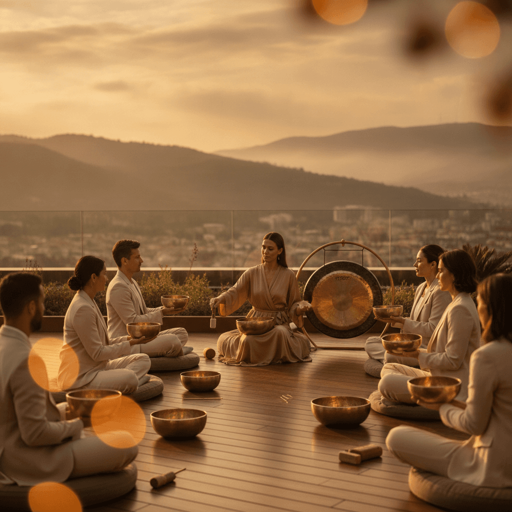 Employees relaxing during a corporate sound bath session led by Soul Art and Larissa Steinbach, demonstrating enhanced focus and team cohesion in a modern office setting.