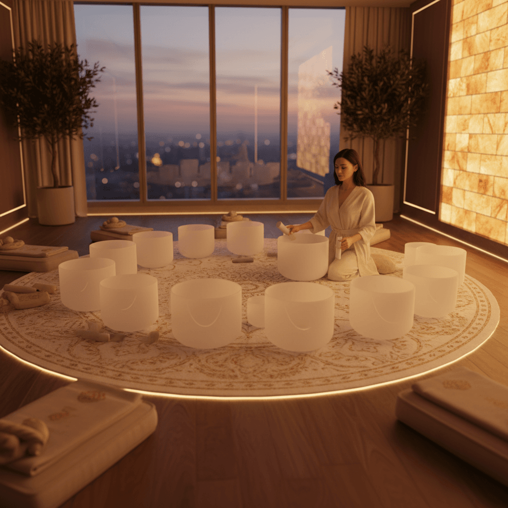 Ein ruhiges, älteres Paar in meditativer Pose, umgeben von sanften Klängen, die eine Atmosphäre der Wiederverbindung schaffen. Soul Art Dubai und Larissa Steinbach unterstützen Paare im leeren Nest durch Klang-Wellness.