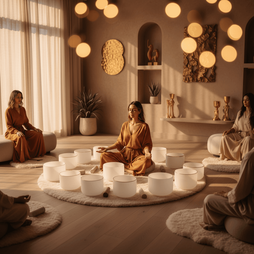 Eine Unternehmerin meditiert in einem Klangbad, um ihre Innovationskraft zu stärken, umgeben von Klangschalen und Gongs in einem eleganten Soul Art Studio, geleitet von Larissa Steinbach.