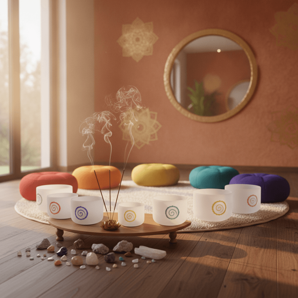 A person's hand gently touching a crystal singing bowl, surrounded by a soft, ethereal glow, symbolizing mindful wellness at Soul Art Dubai with Larissa Steinbach.