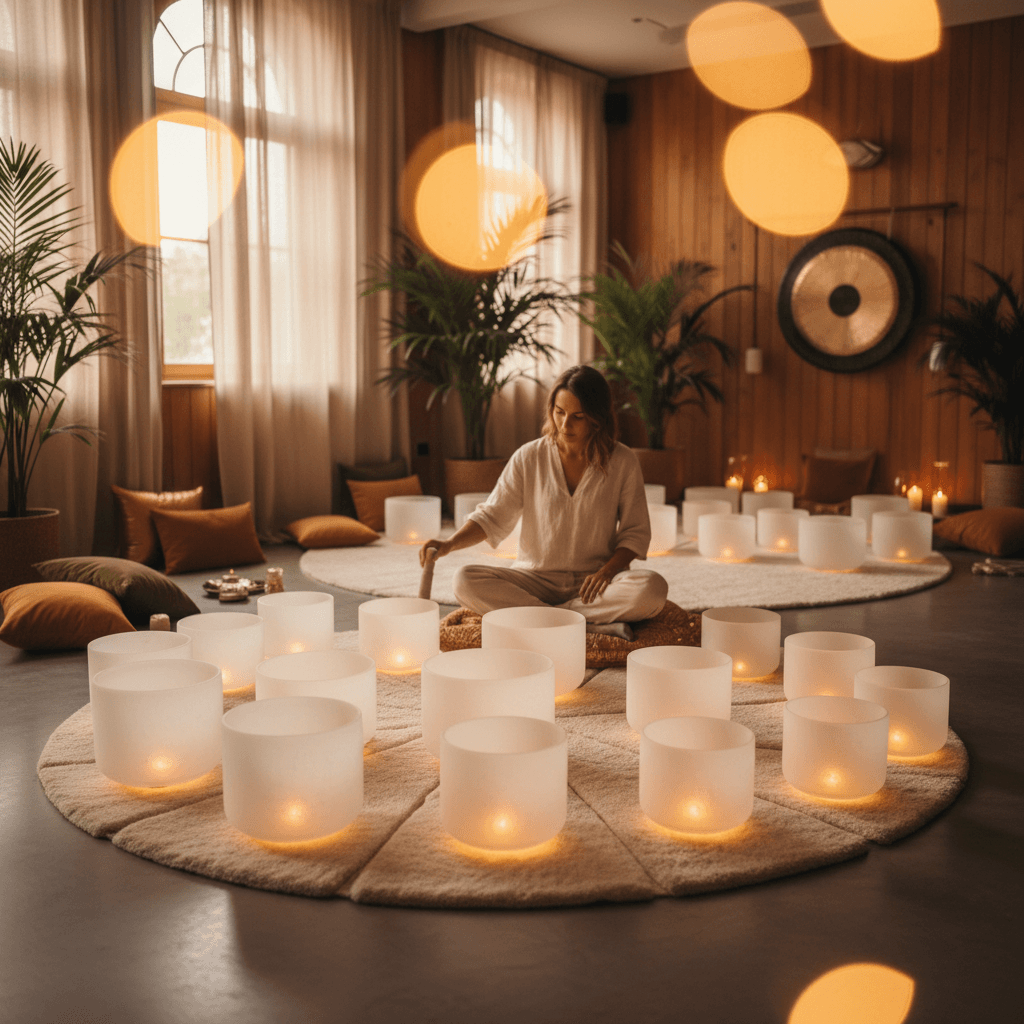 Serene night scene with subtle sound waves, representing calming evening recovery sessions at Soul Art Dubai, founded by Larissa Steinbach.