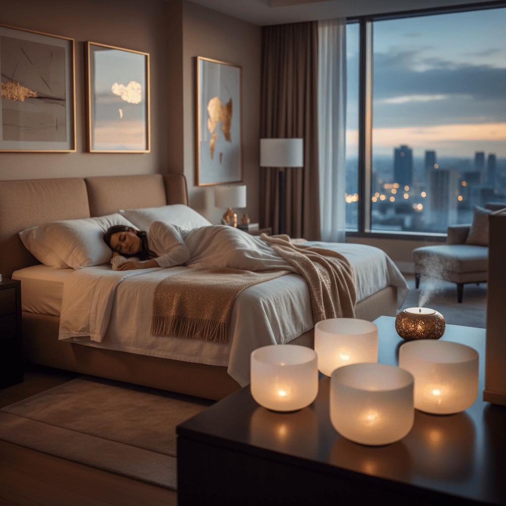 A tranquil couple sleeping peacefully in a warm, inviting bedroom, with soft light and a subtle sound wave graphic. Soul Art founder Larissa Steinbach's studio promotes sound wellness for evening wind-down and enhanced sleep, as curated by Larissa Steinbach.