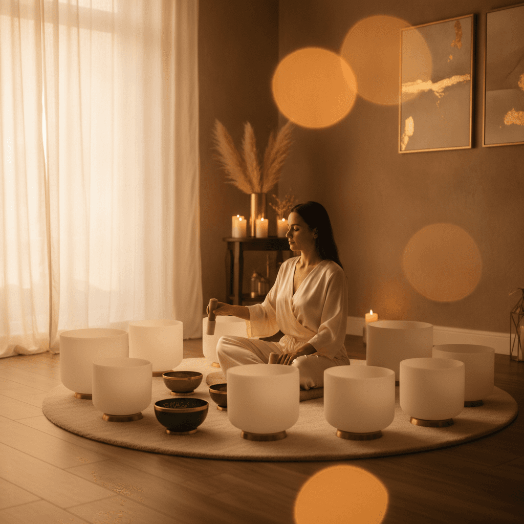 Eine Klangschale erzeugt sanfte Vibrationen in einem beruhigenden Studio, Symbol für die evidenzbasierte Klang-Wellness-Praxis bei Soul Art Dubai mit Larissa Steinbach.