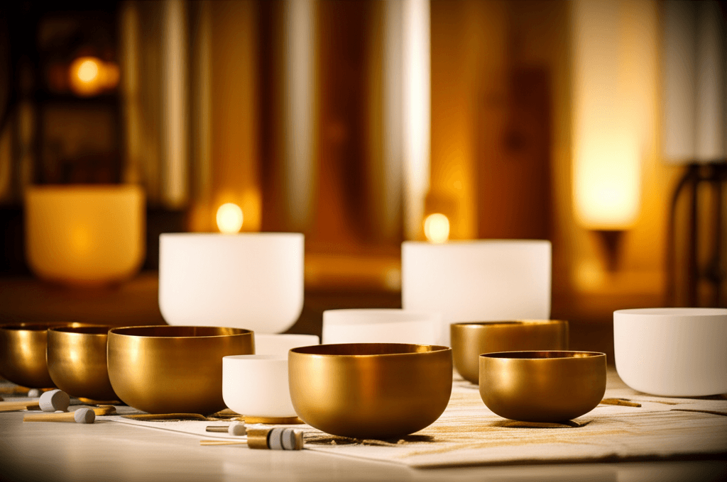 A person experiencing a sound bath with singing bowls, representing the calming effects of evidence-based sound therapy at Soul Art Dubai, led by Larissa Steinbach.