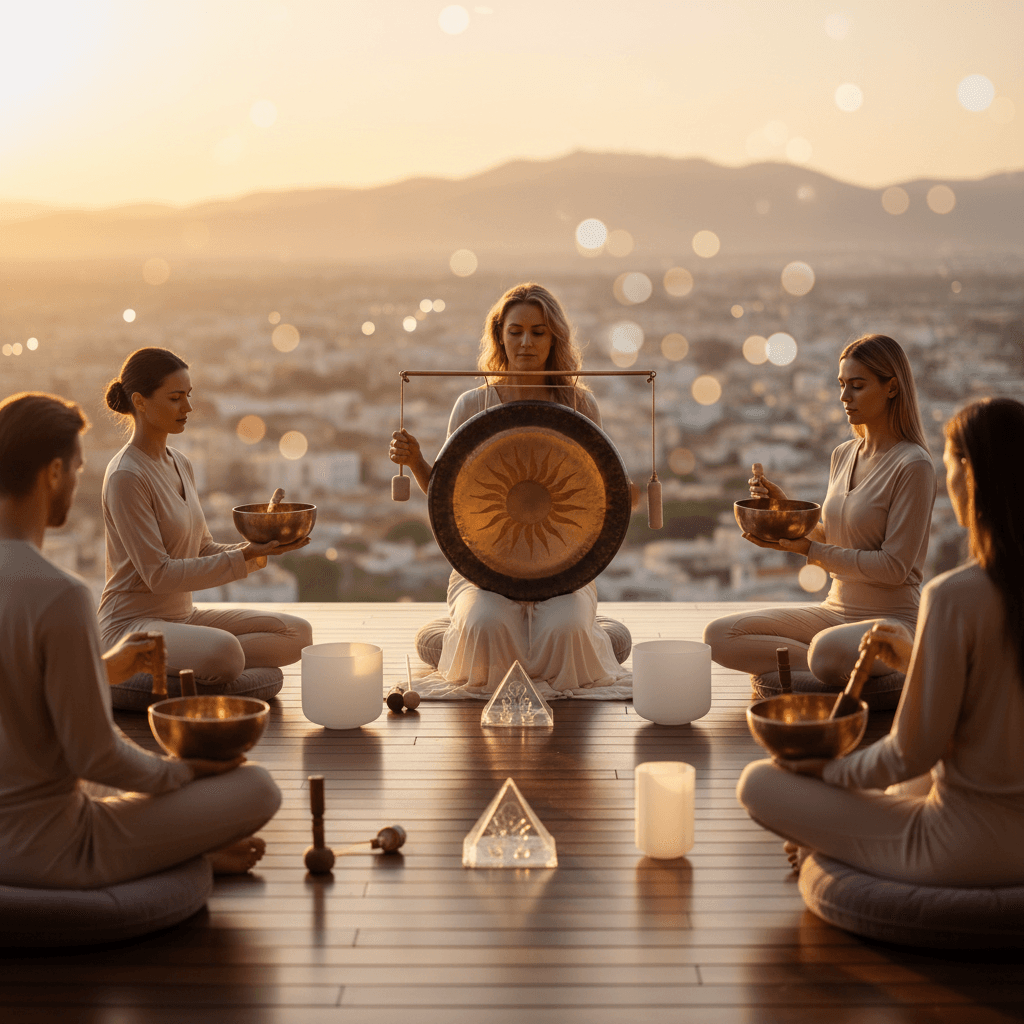 Executive meditating during a sound bath, surrounded by crystal singing bowls, symbolizing mental clarity and focus
