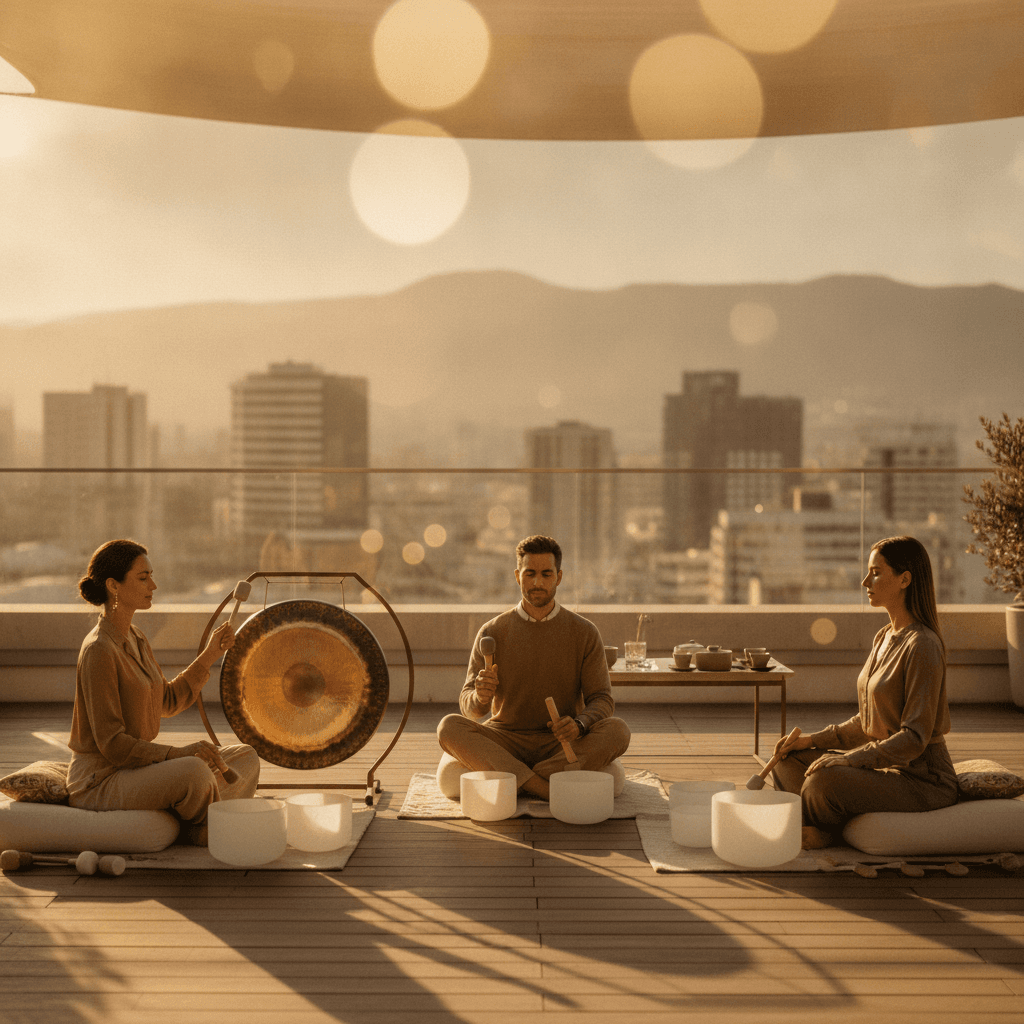 Larissa Steinbach guides a sound wellness session at Soul Art Dubai, offering executives a restorative space to combat loneliness and stress through vibrational therapy and deep relaxation.