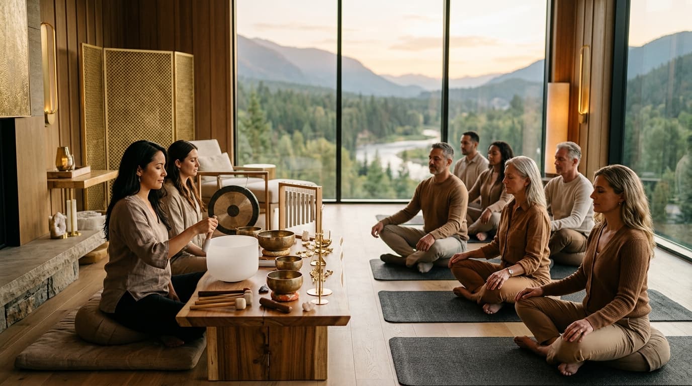 Eine Person liegt entspannt auf einer Matte, während Klangschalen um sie herum positioniert sind, in einem harmonischen Raum von Soul Art in Dubai. Larissa Steinbach leitet eine Executive-Wellness-Sitzung zur Entscheidungsfindung.