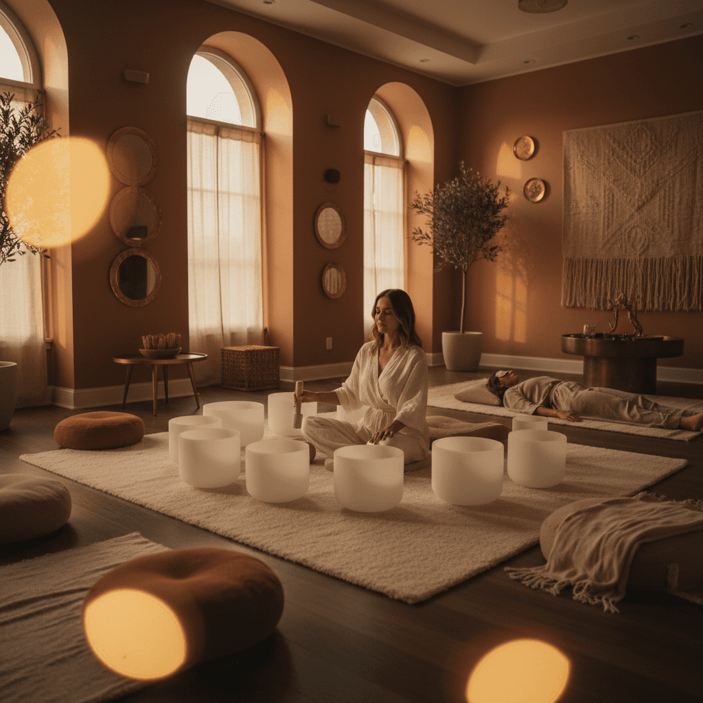 Eine ruhige Szene mit einer Person, die in einer Klang-Wellness-Sitzung entspannt, umgeben von sanften Lichtern und Instrumenten. Soul Art Dubai, gegründet von Larissa Steinbach, bietet Räume für spirituellen Trost und Heilung durch Klang.