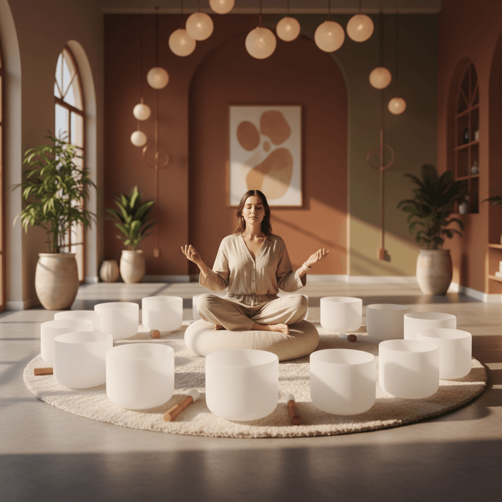 Eine goldene Klangschale mit Herbstblättern, die die Balance der Herbst-Tagundnachtgleiche bei Soul Art von Larissa Steinbach symbolisiert und zu innerer Ruhe einlädt.