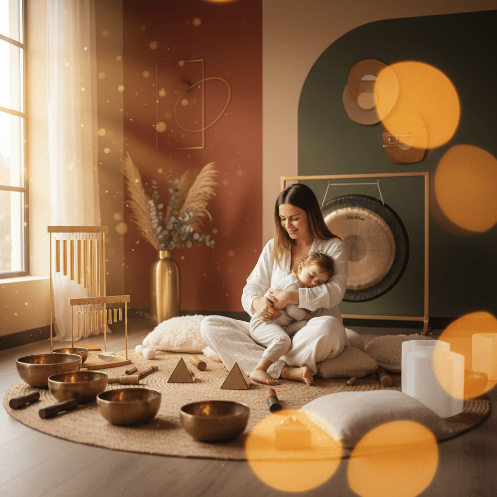 A family gently humming together in a peaceful, warm-lit room, illustrating the calming effects of sound wellness. Soul Art and Larissa Steinbach focus on holistic wellbeing.