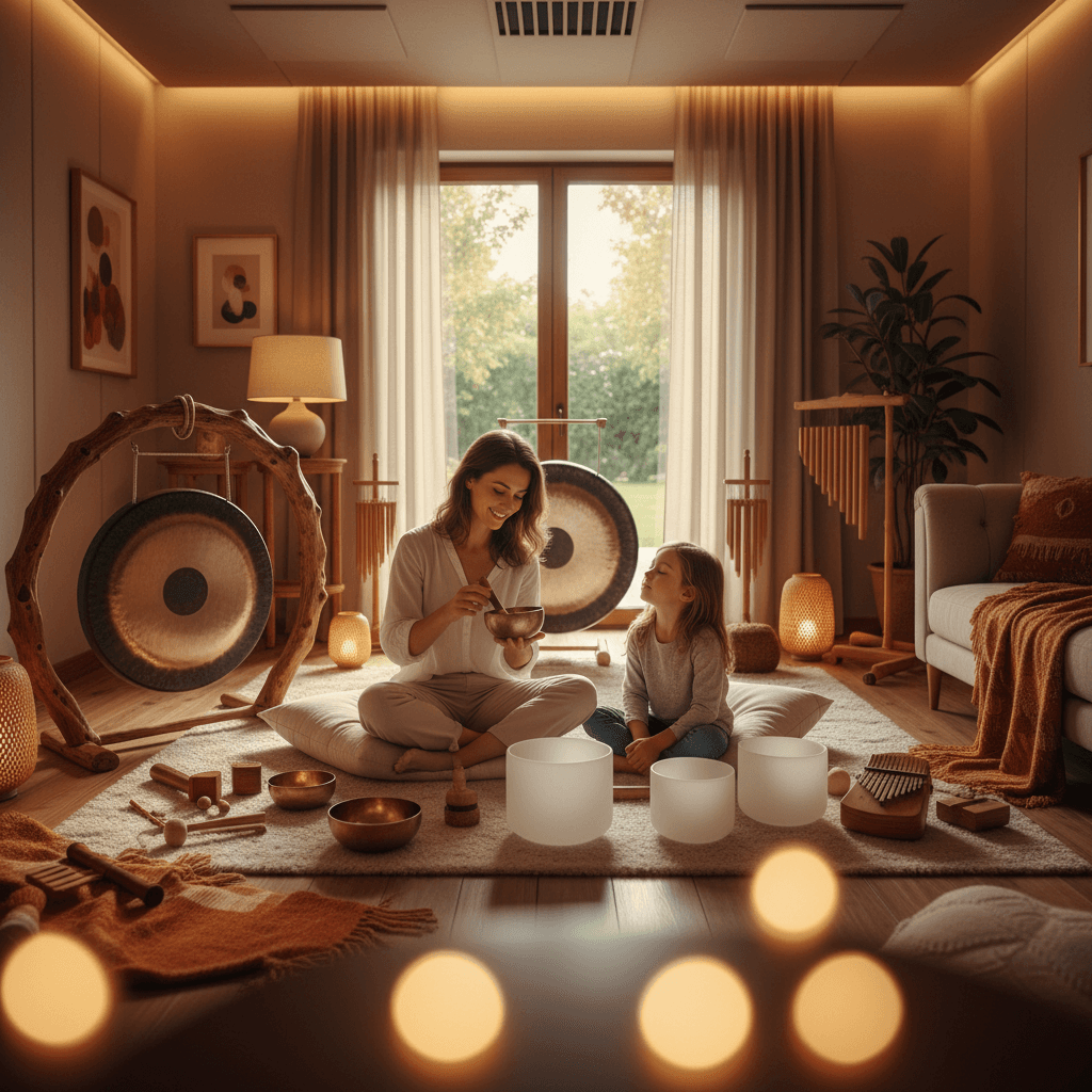 Eine Familie mit einem Kind sitzt entspannt auf dem Boden, umgeben von Klangschalen und sanftem Licht, während die Klang-Wellness-Expertin Larissa Steinbach von Soul Art eine Session leitet.